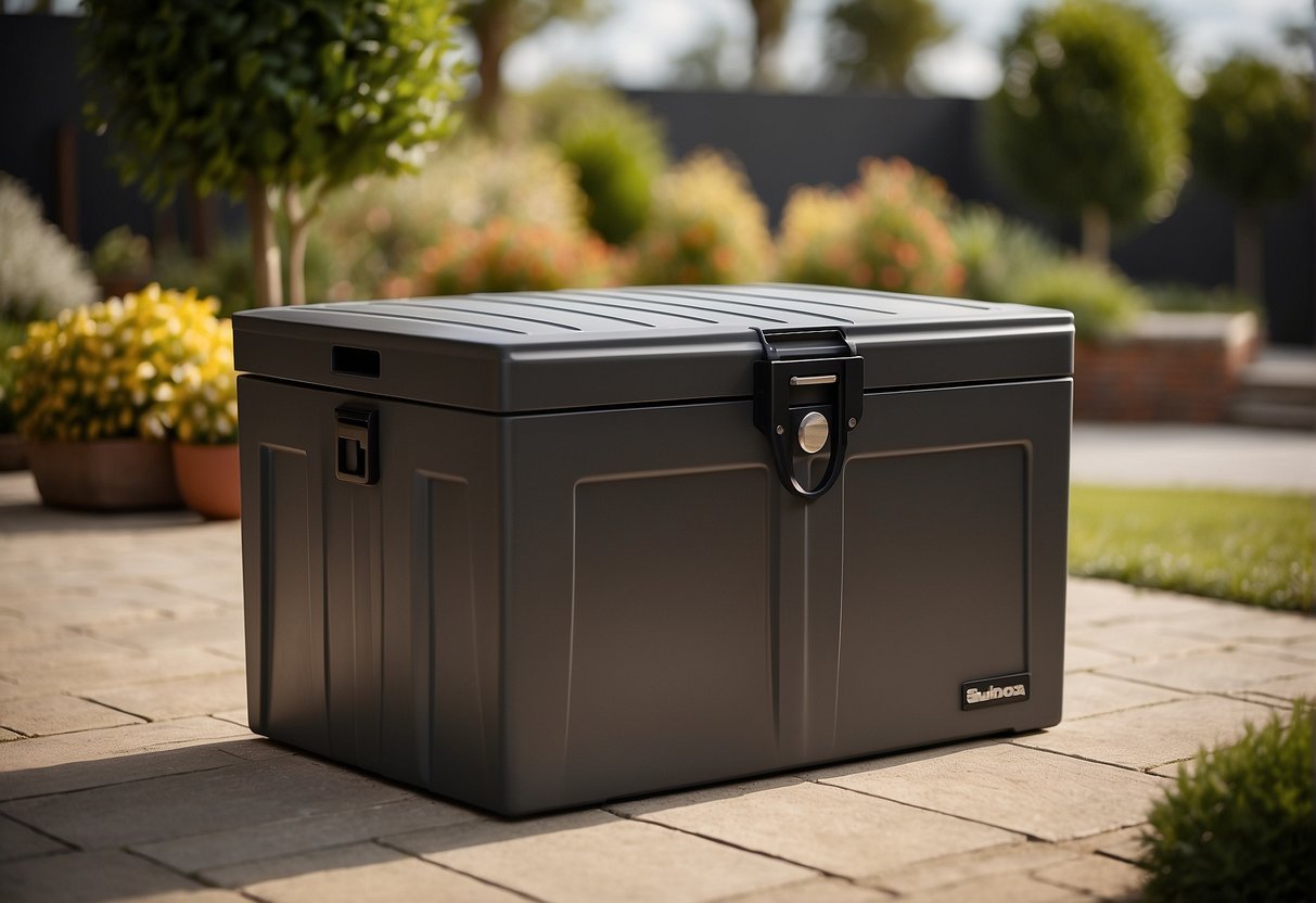 A sturdy, weather-resistant outdoor storage box sits on a patio. It is made of durable material and has a secure locking mechanism. The box is large enough to hold various outdoor items and has a sleek, modern design