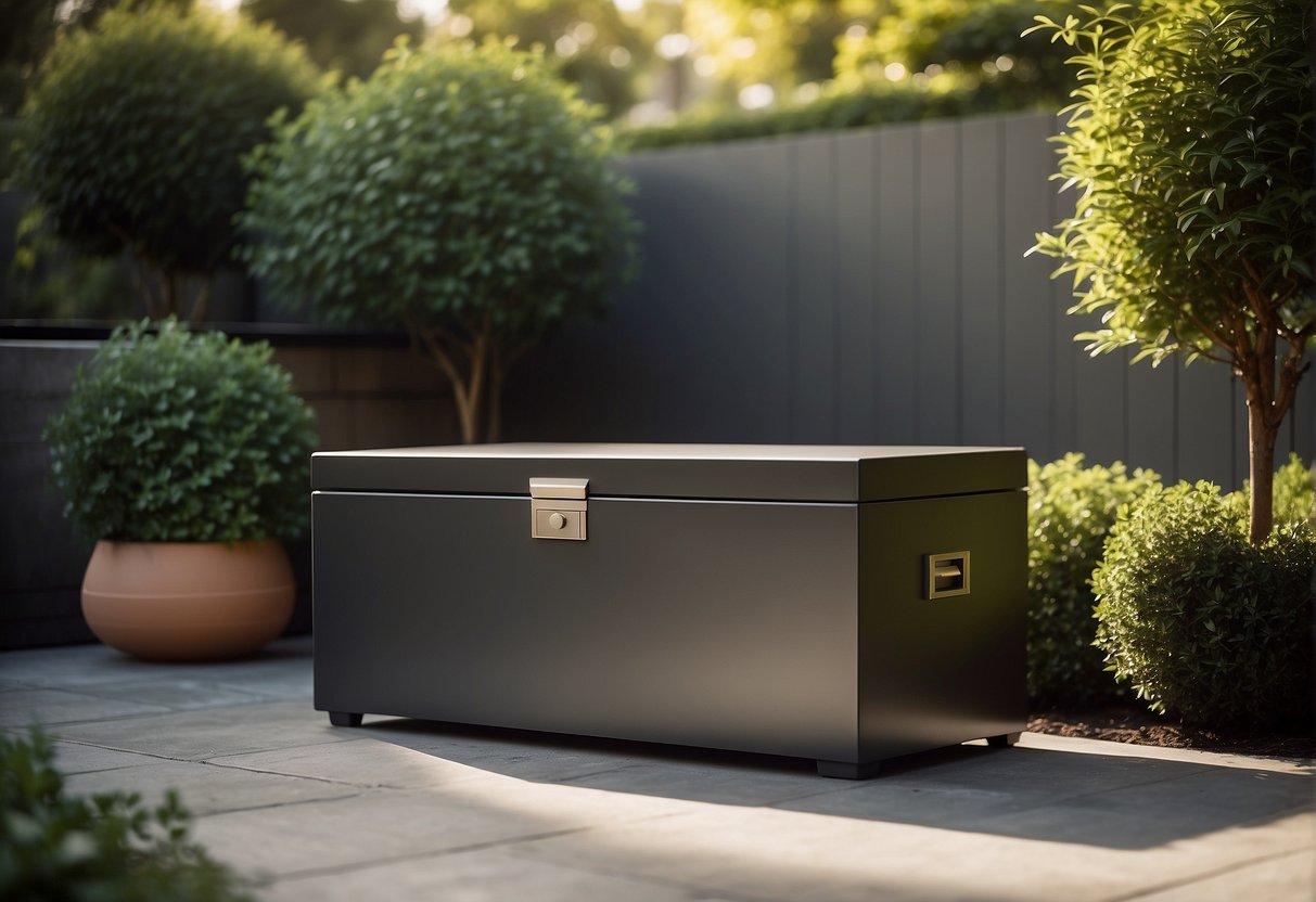 A sleek, modern outdoor storage box sits on a patio, surrounded by lush greenery and bathed in warm sunlight. Its clean lines and durable materials exude quality and functionality