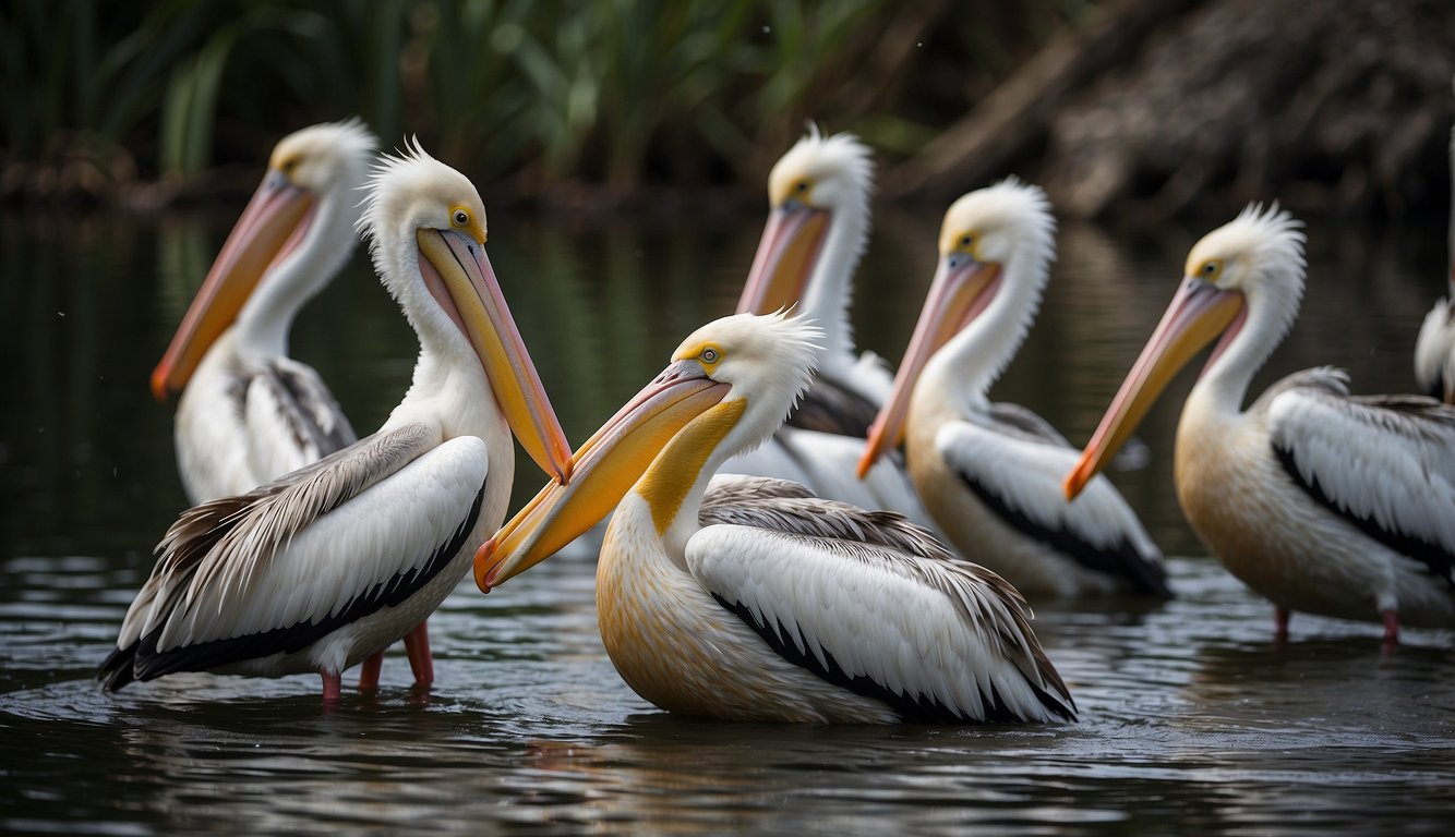 Pelicans scoop fish with their expandable pouches, using precise head movements to catch their prey