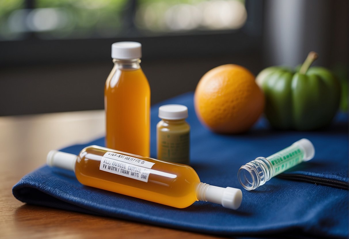 A syringe and vial of weight loss injection sit next to a gym bag and healthy food, symbolizing the integration of injections with lifestyle changes for enhanced energy levels