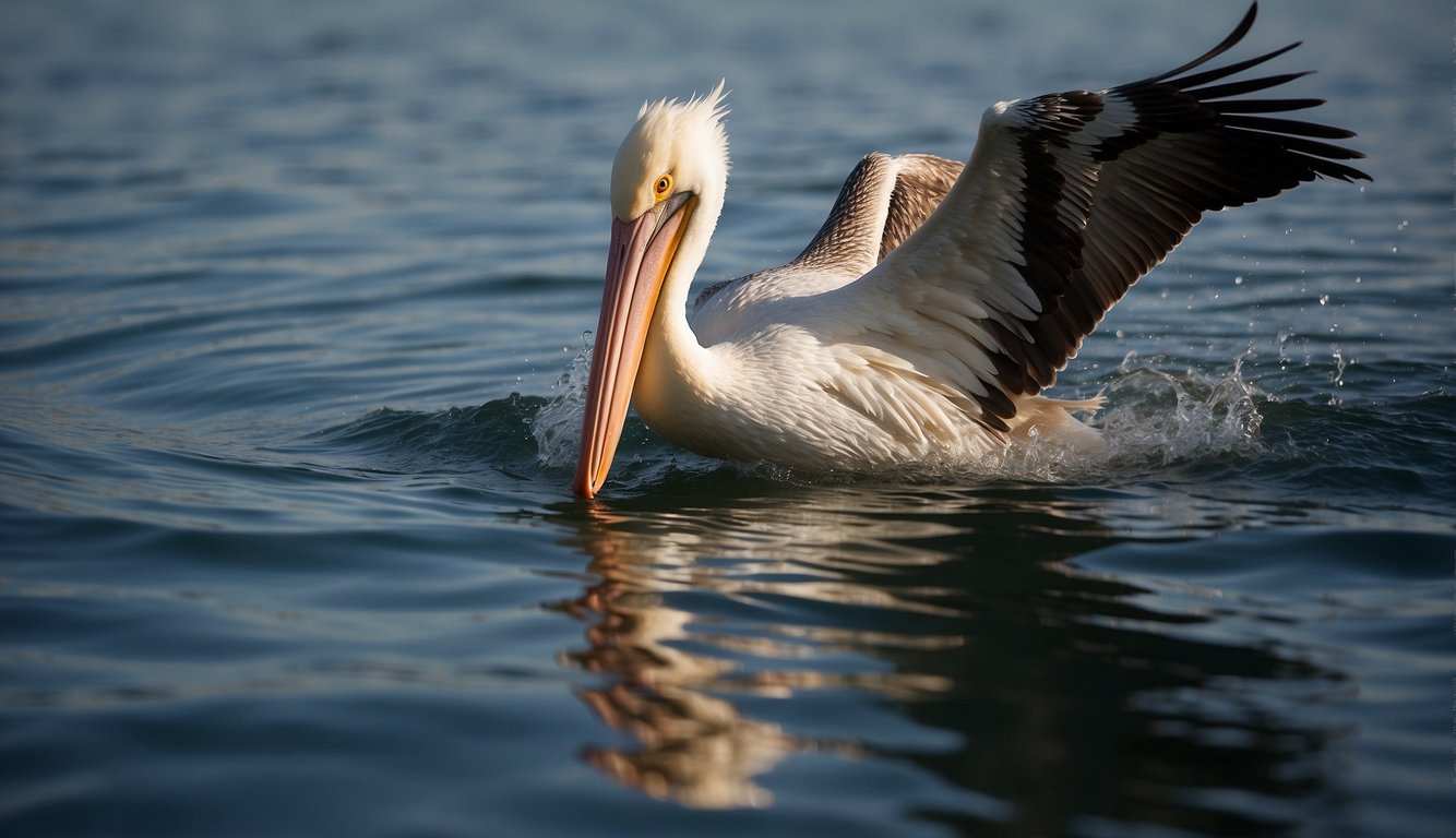 A pelican's pouch expands as it dives into the water, trapping fish inside.

The bird then contracts its pouch to drain the water and swallow the catch