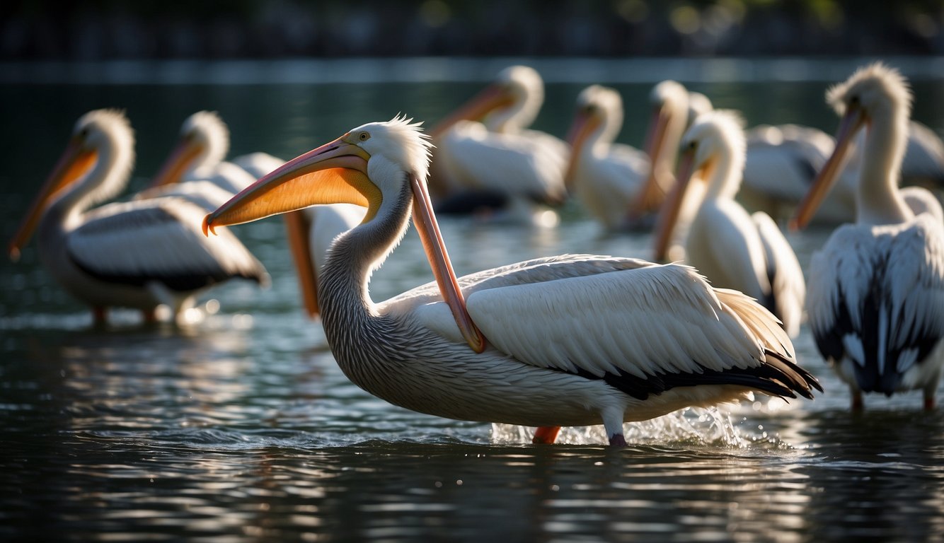 Pelicans dive into the water, their pouches expanding to catch fish.

They glide gracefully, showing the mechanics of their fishing technique