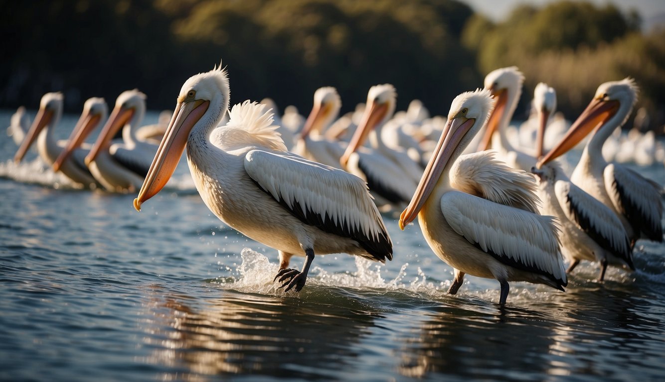 Pelicans dive into the water, their pouches expanding to catch fish.

The mechanics of their fishing technique are on display