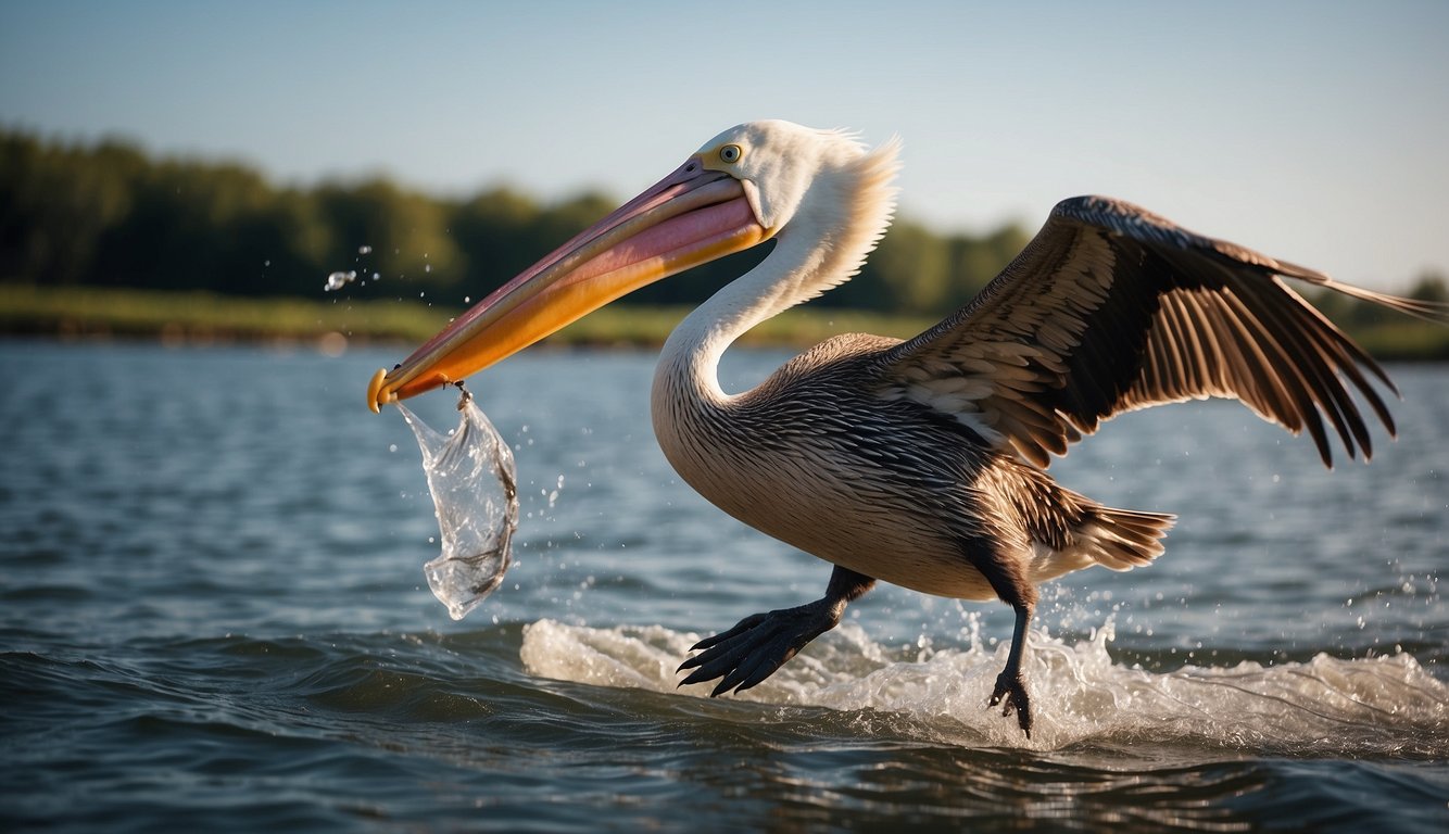 A pelican swoops down, its pouch expanding to catch a fish.

The mechanics of its pouch and fishing technique are on display