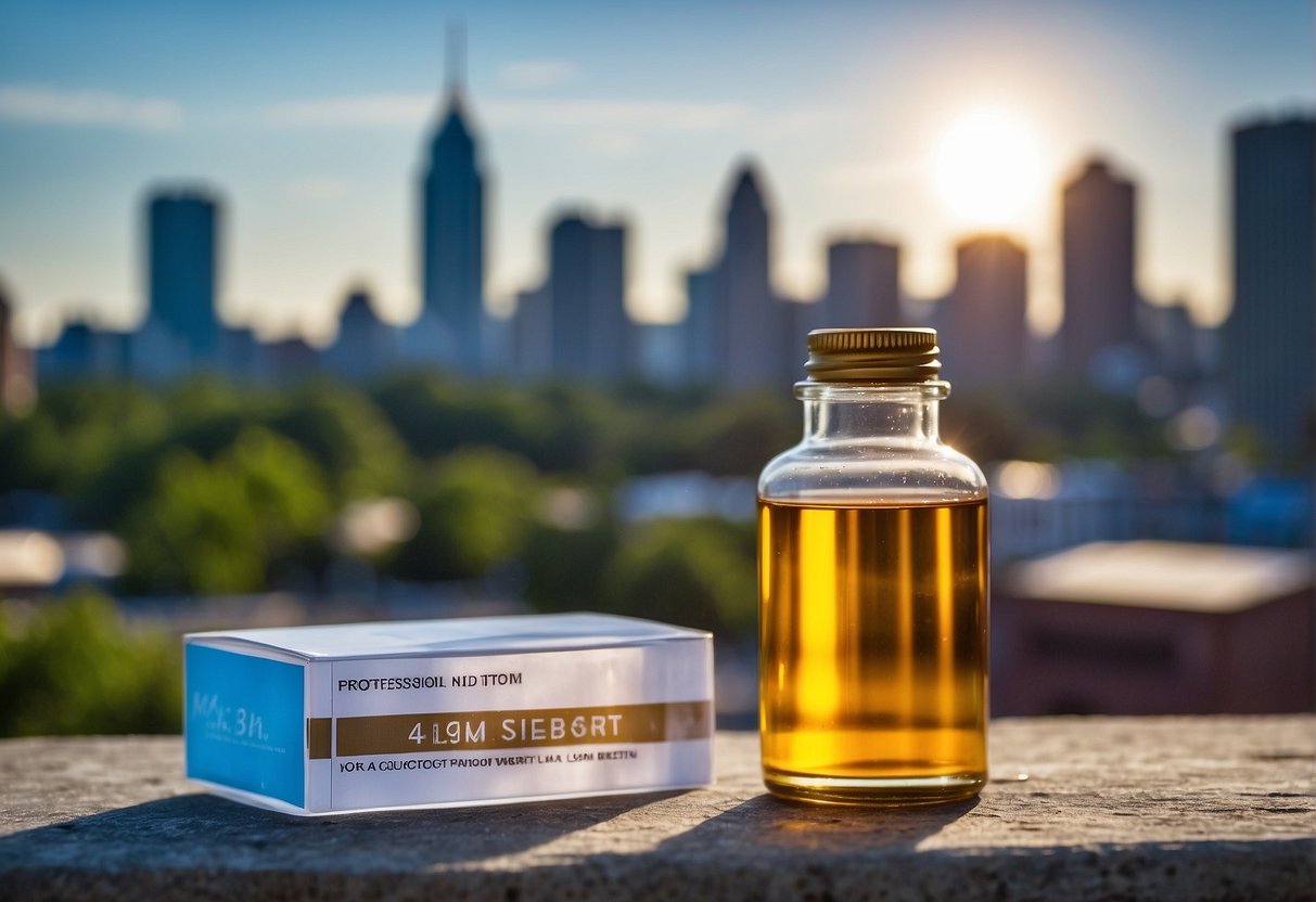 A vial of weight loss injection hovers above a city skyline, radiating energy and potential. The skyline is vibrant and modern, with the injection representing a new approach to weight loss in Atlanta