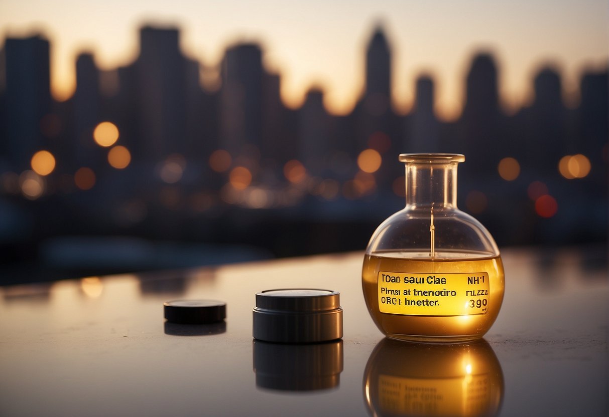 A vial of weight loss injection hovers over a city skyline, emitting a radiant energy glow. A scale tilts in favor as a caution sign flashes nearby