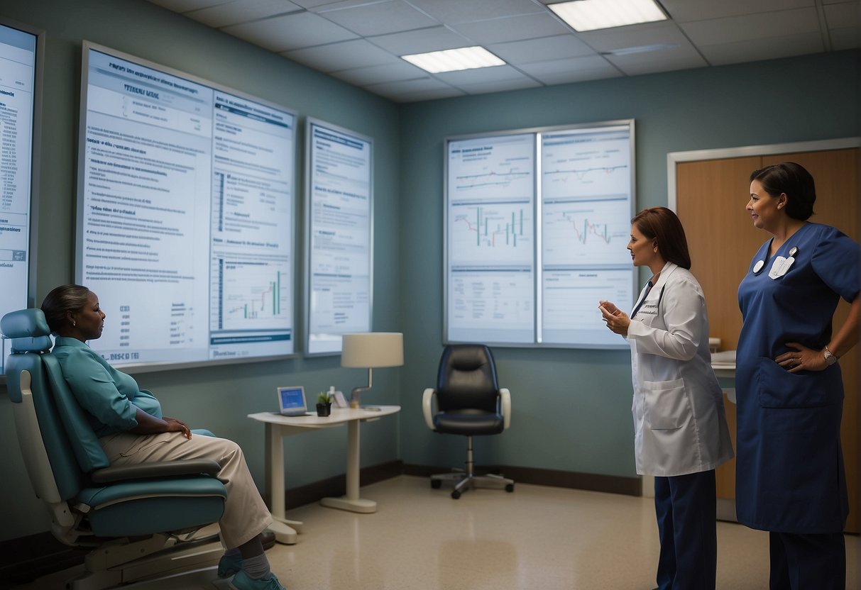 A bright, modern clinic in Atlanta. A nurse administers a weight loss injection to a client. Charts and diagrams on the walls illustrate the potential benefits