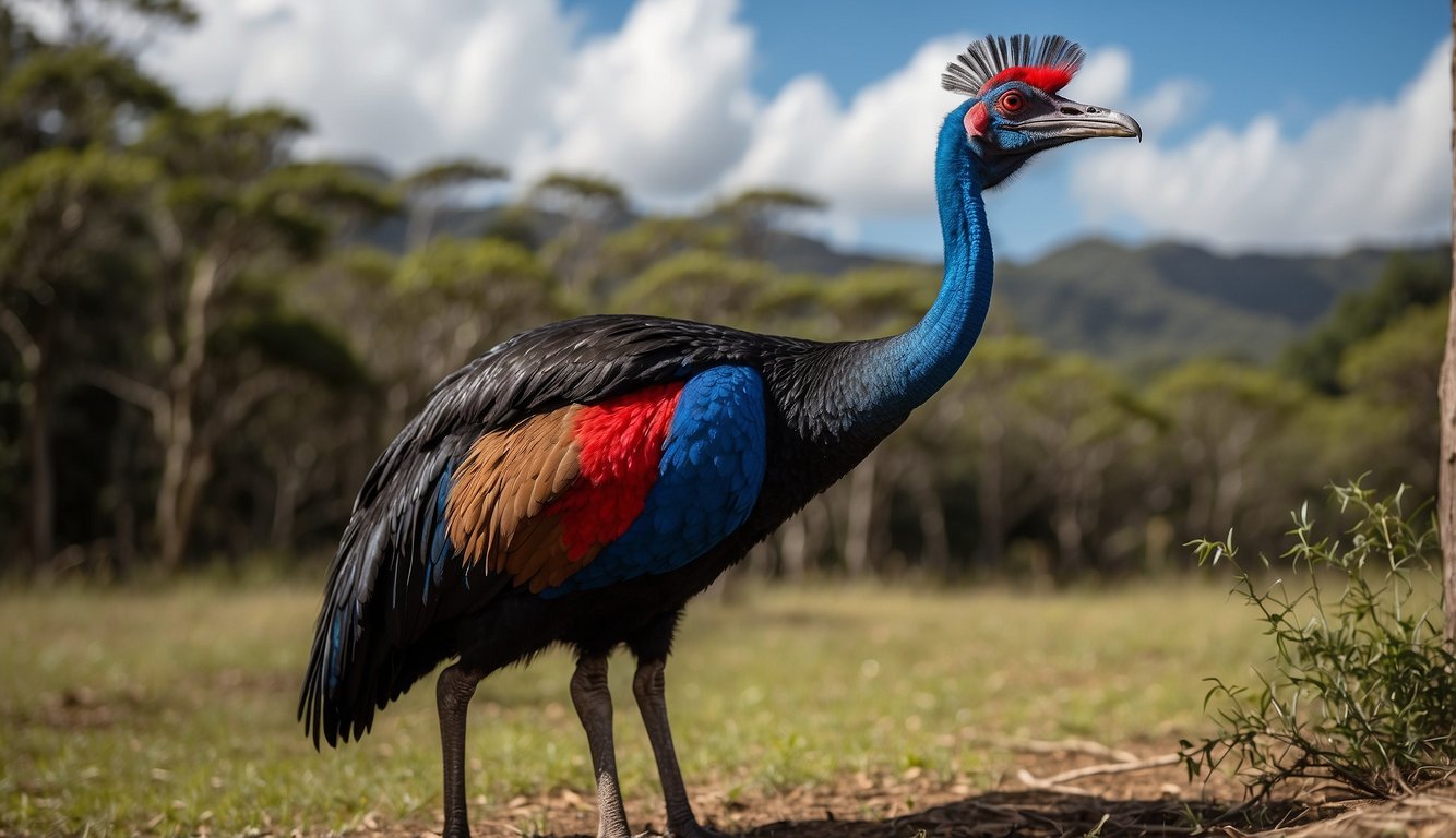 A cassowary stands tall, its vibrant blue and red neck and head contrasting with its black feathers.

Its sharp, dagger-like claw is visible, emphasizing its reputation as a dangerous bird