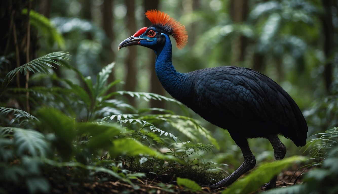 A dense rainforest with lush vegetation.

A cassowary forages for fruits and seeds on the forest floor