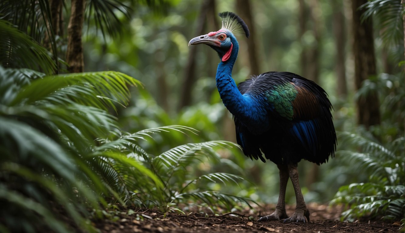 A cassowary strides through dense rainforest, its vibrant plumage blending with the lush greenery.

It forages for fruit, its powerful legs and sharp talons hinting at its dangerous potential