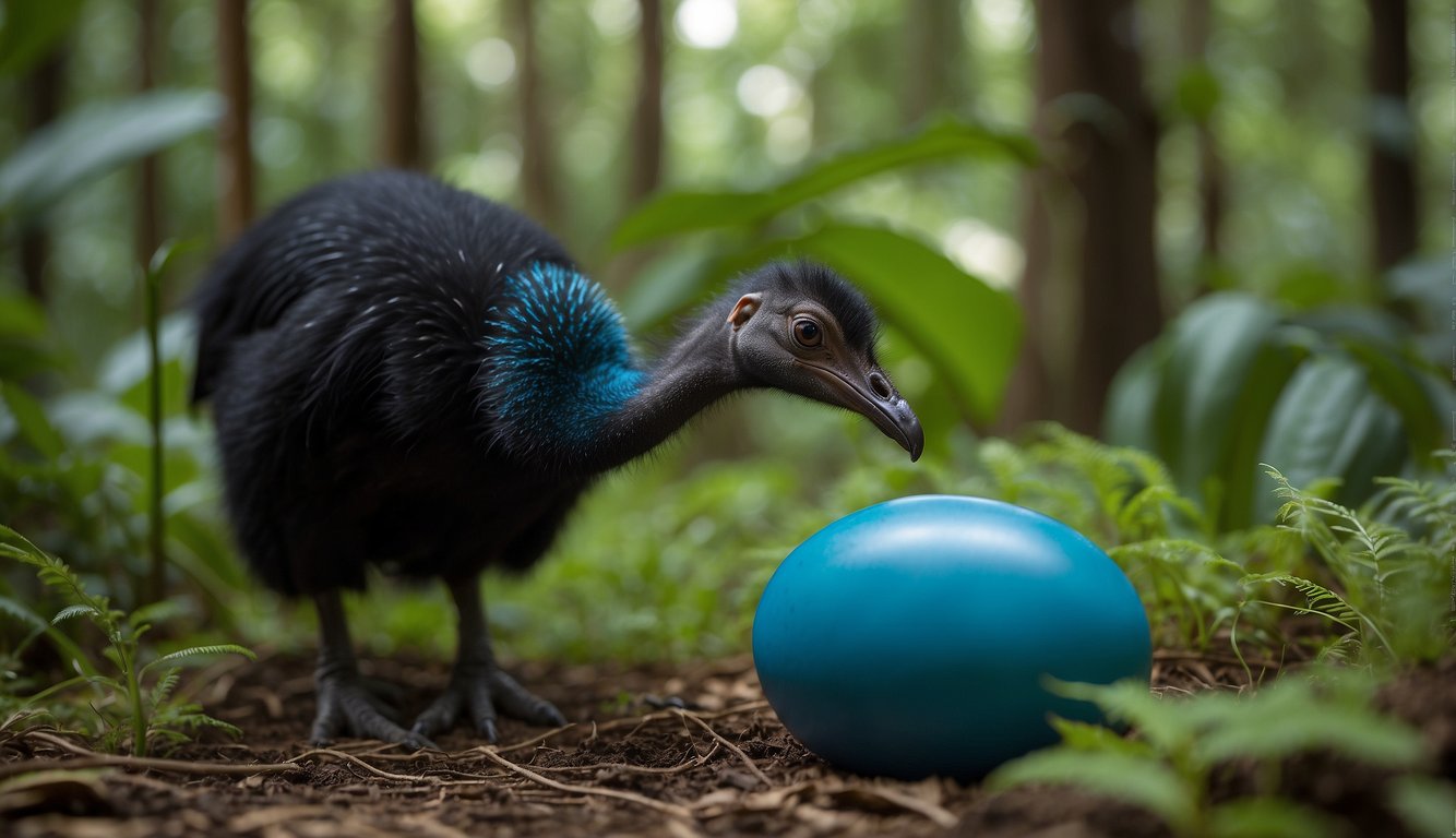 A cassowary chick hatches from a large green egg, surrounded by lush rainforest vegetation.

The adult cassowaries are nearby, displaying their vibrant blue and red necks as they forage for food