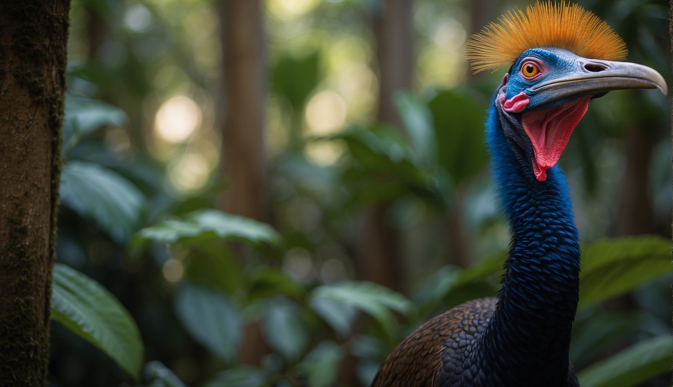 A cassowary stands tall in a lush rainforest, its vibrant blue and red neck and head feathers catching the sunlight.

Its sharp, dagger-like claws are visible as it moves through the dense foliage