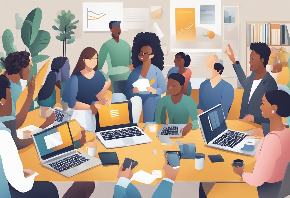 A group of diverse people engage in conversation, sharing ideas and connecting with each other. A variety of communication tools and platforms are visible, showcasing the importance of reaching and engaging with a wide audience