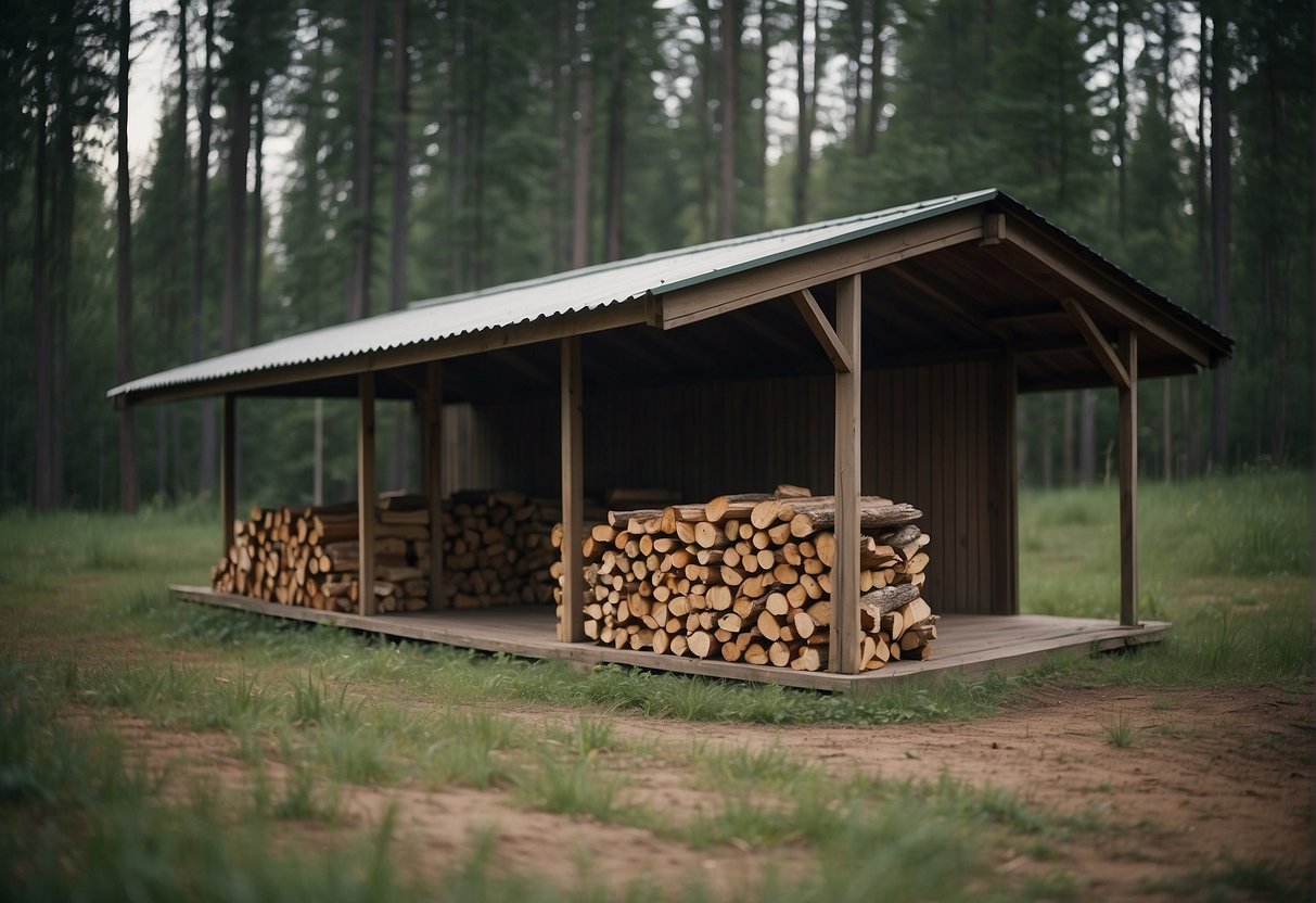 A shelter with firewood, water source, and food storage