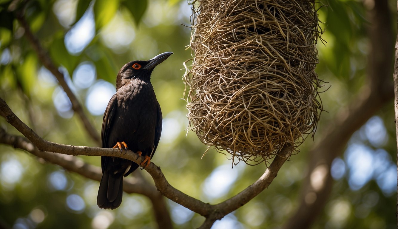 Montezuma oropendolas build pendulous nests in tall trees, weaving long grasses and vines into intricate, hanging structures.

The nests sway in the breeze, providing a safe and secure home for the nesting birds