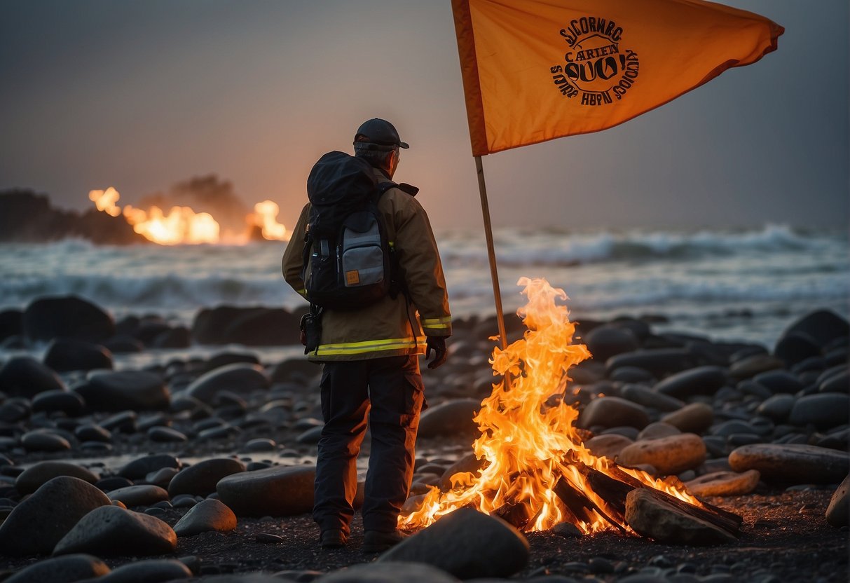 A person in distress waves a bright orange flag, a fire burns nearby, and a large SOS sign is spelled out with rocks on the ground