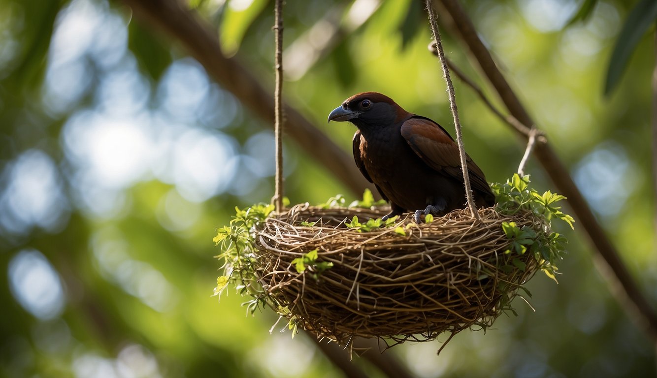 Montezuma oropendolas build hanging nests in tropical forests.

They weave long, pendulous structures from vines and grass, creating a striking sight
