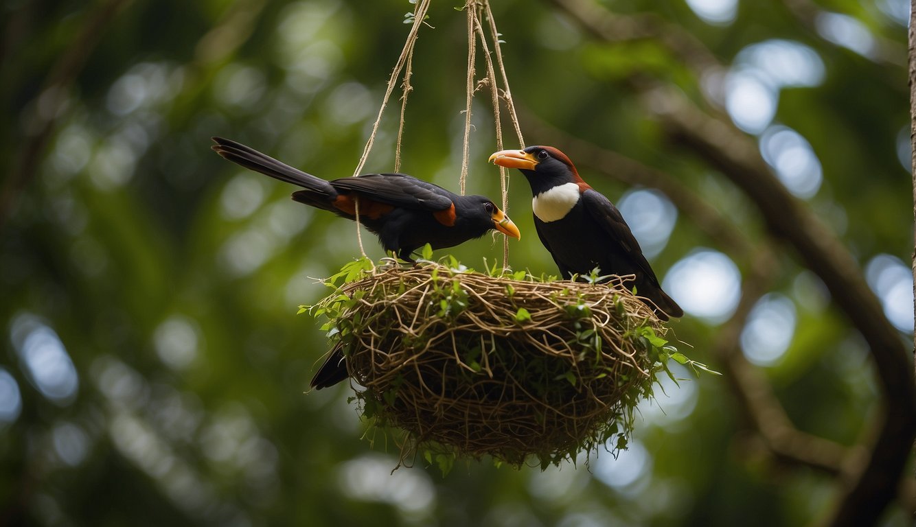 Montezuma oropendolas forage for food and build their iconic hanging nests in the rainforest canopy.

The birds weave intricate, elongated nests from vines and grasses, creating a mesmerizing sight