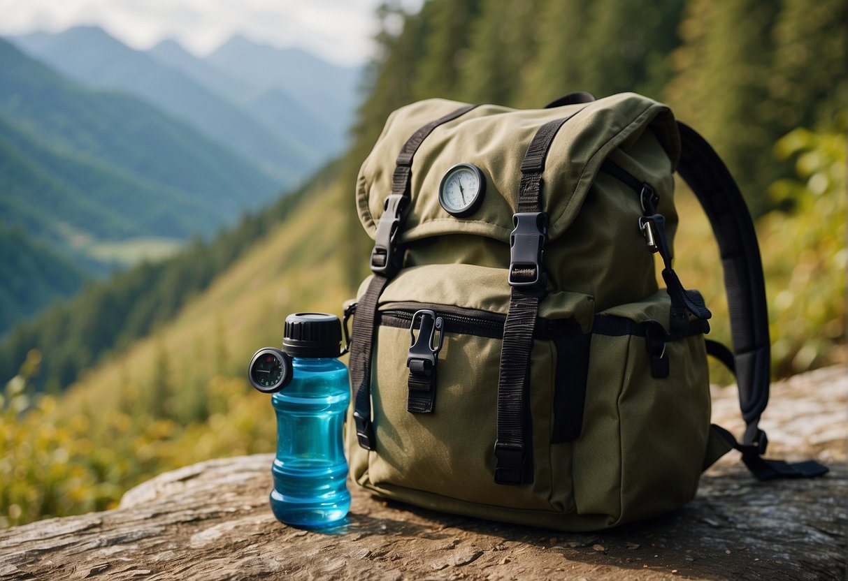 A scene of a backpack with a compass, first aid kit, and water bottle in a natural outdoor setting