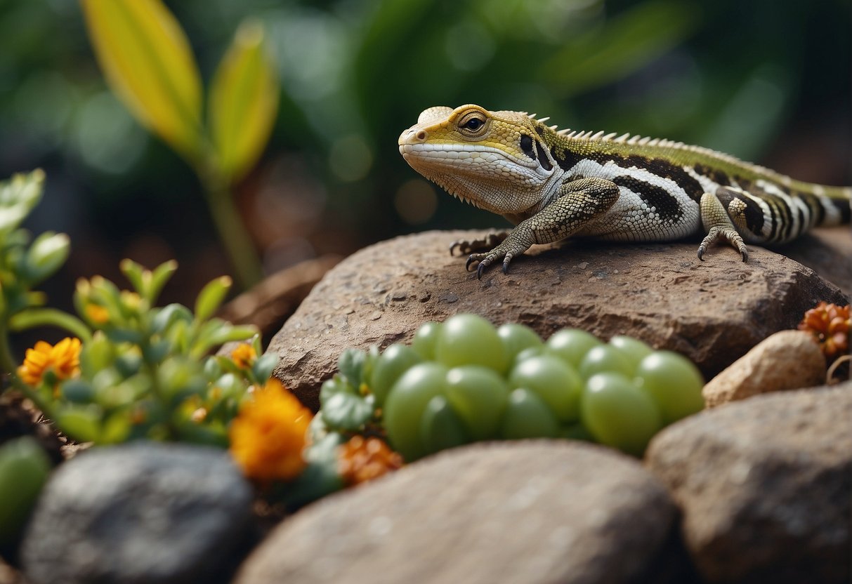 Lizards bask on rocks near a variety of plant-based foods, including leaves, fruits, and flowers