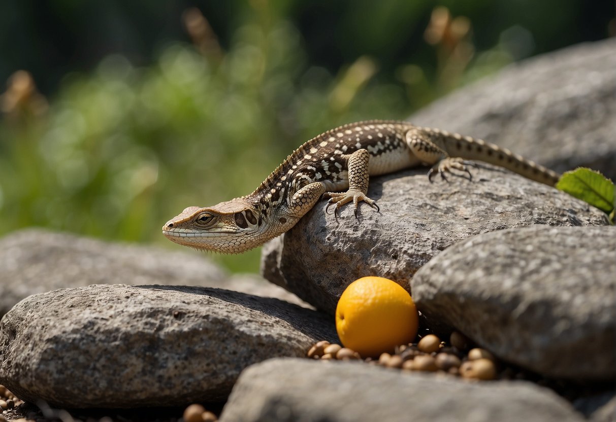 A lizard perched on a rock, devouring a small insect. Nearby, a pile of fallen fruit attracts another lizard