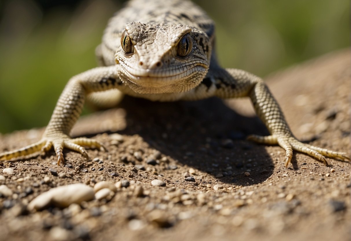 A lizard pouncing on a grasshopper, its tongue flicking out to capture the prey. The lizard's body is tense, ready to strike as it hunts for food in the wild