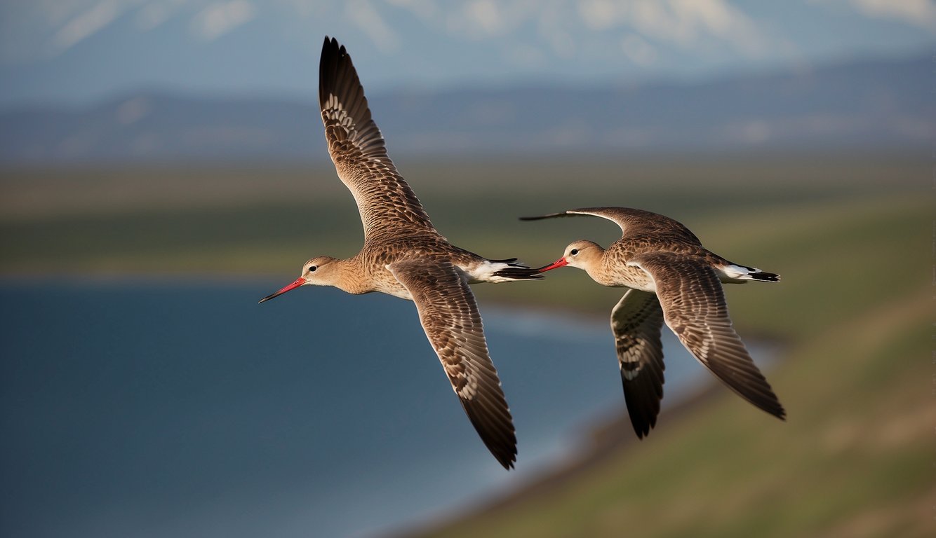 Bar-tailed godwits soar over vast landscapes, navigating magnetic highways in the sky during their epic migrations