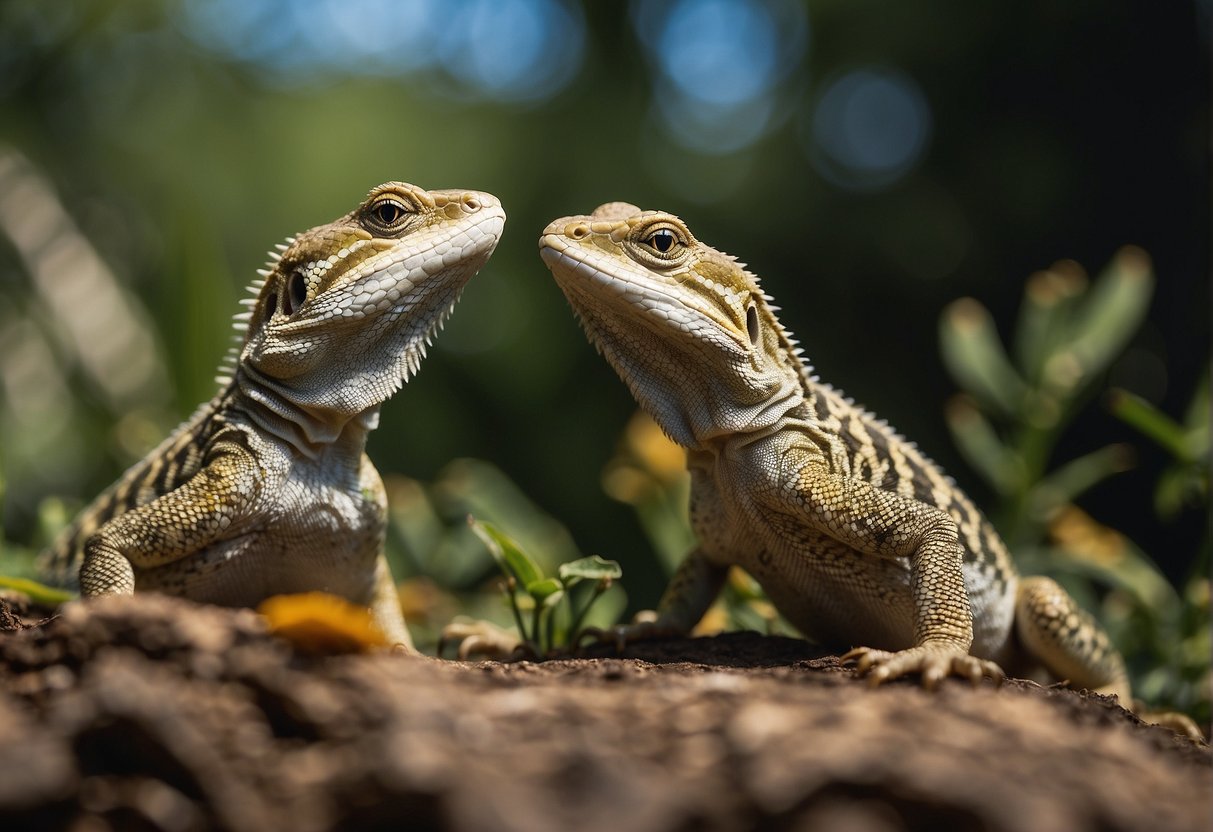 Outdoor lizards eat a variety of insects, small animals, and plants, depending on their species. The scene could show a lizard hunting for insects or munching on vegetation