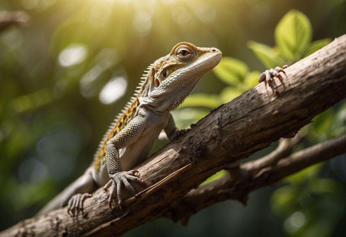 A lizard perched on a tree branch, surrounded by various insects and small creatures. It is basking in the sunlight, ready to pounce on its next meal