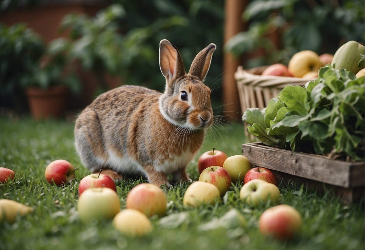 Outdoor rabbits eat suitable fruits. They are surrounded by a variety of fruits such as apples, bananas, and berries in a lush garden setting