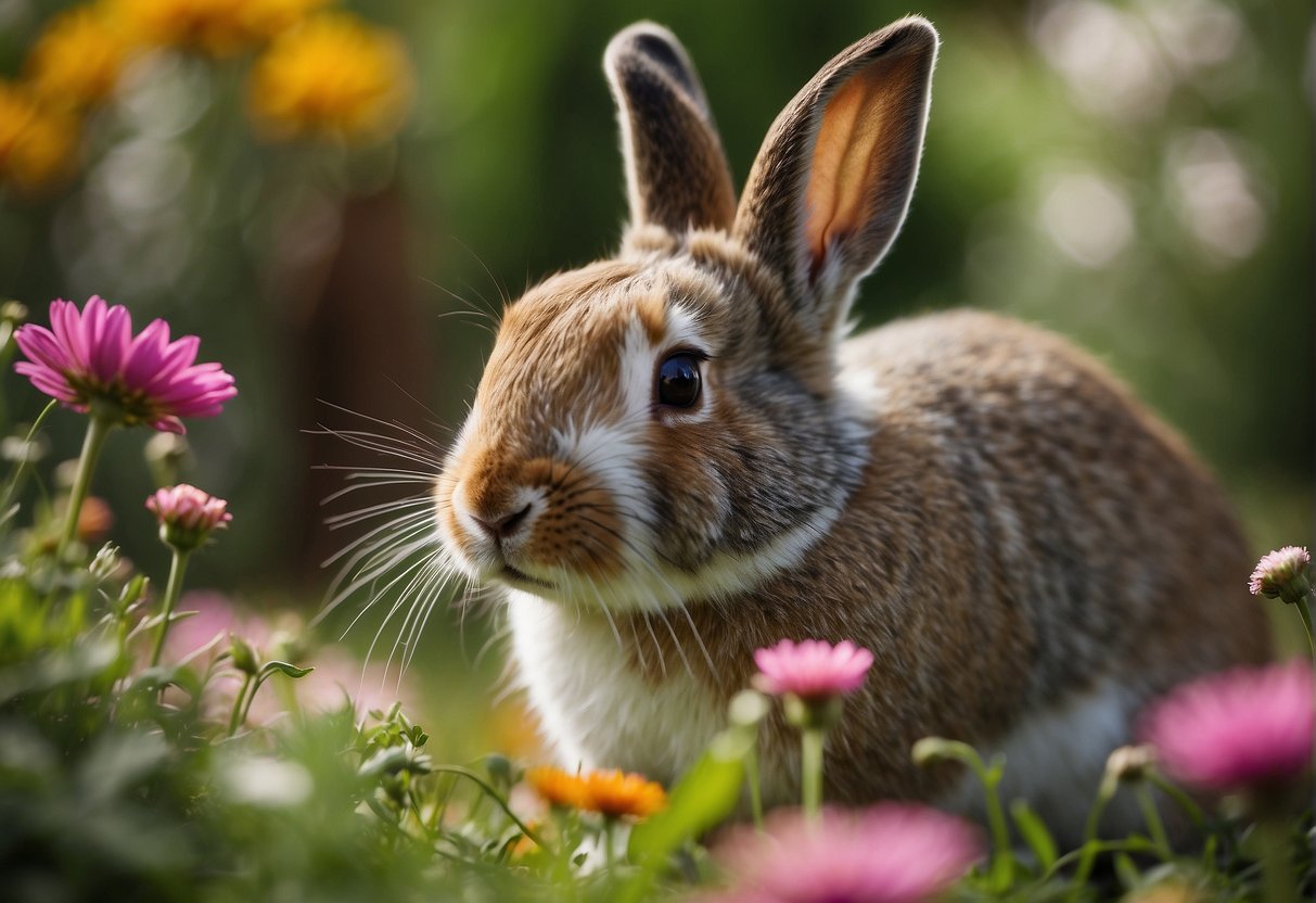 Outdoor rabbits munch on a variety of pellets, hay, and fresh greens in a peaceful garden setting, surrounded by colorful flowers and tall grass