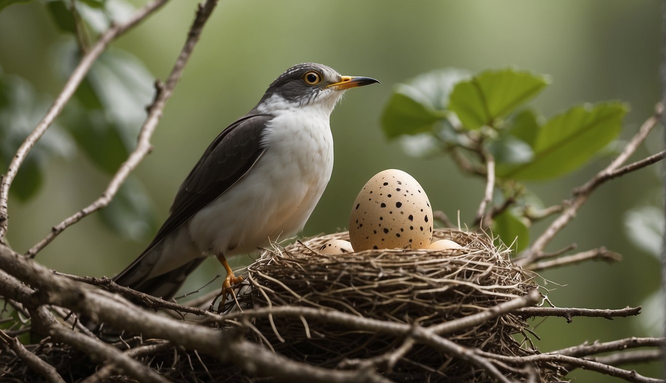 A cuckoo bird sneaks into a smaller bird's nest, laying its egg among the host's. The unsuspecting host bird continues to care for the foreign egg, unaware of the impending deception