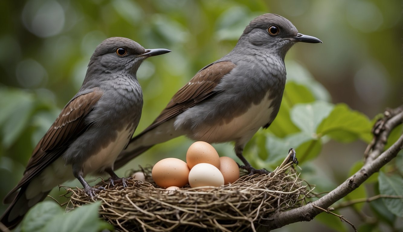 A cuckoo bird stealthily lays its eggs in the nest of another bird, while the unsuspecting host bird is away