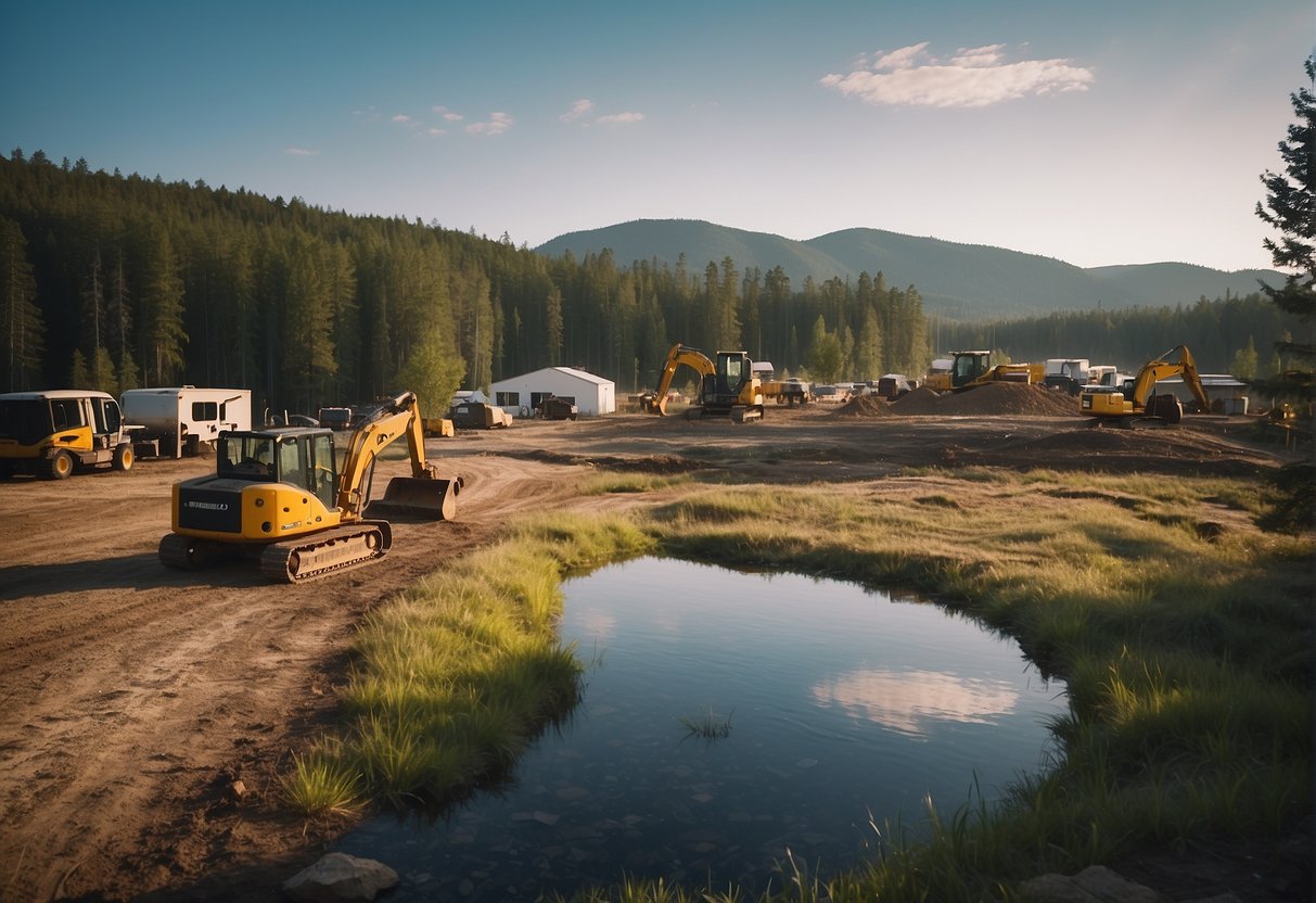 The outdoor world campground is surrounded by cleared land and construction equipment, with a stream running nearby