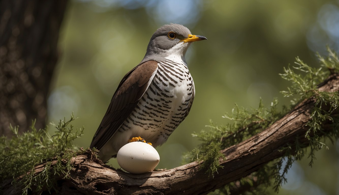 A cuckoo bird perches near a foreign nest, slyly depositing its egg among the unsuspecting host's clutch
