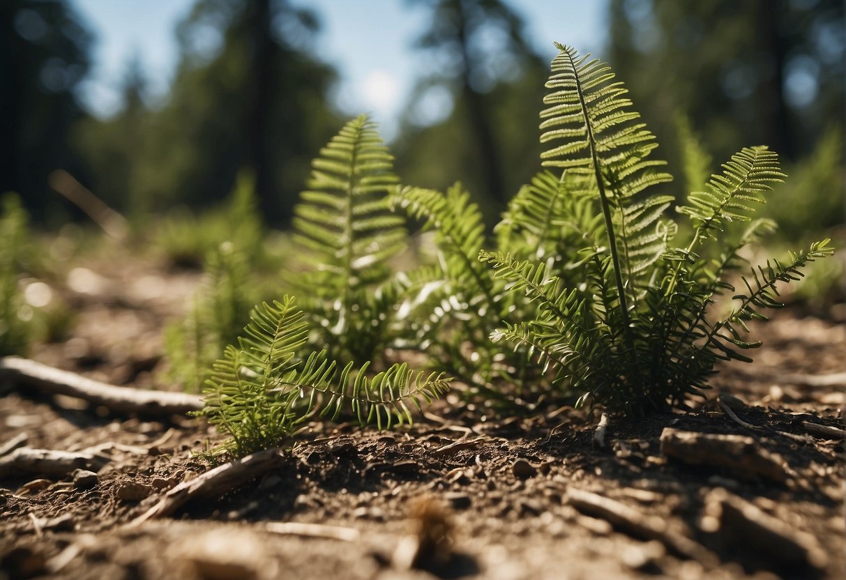 The once lush greenery of the outdoor world campground now shows signs of wilting and browning, with several native animals and plants appearing to struggle in the changing environment