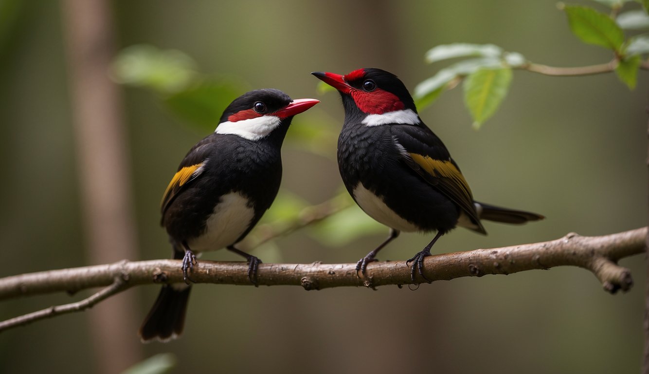 Male manakin birds perform elaborate courtship displays on a forest branch.

They hop, flutter, and make clicking sounds to attract females