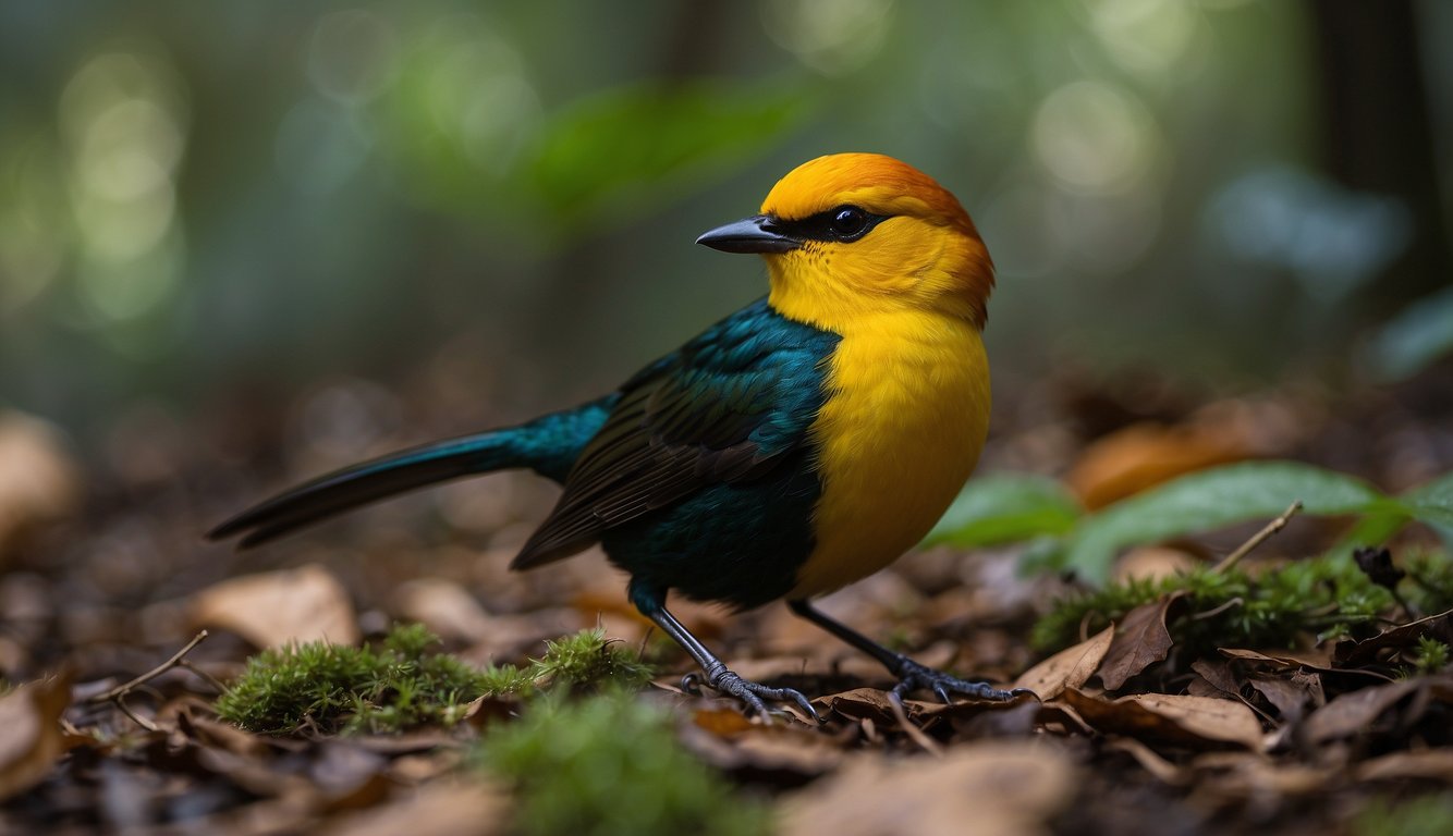 Male manakins lek on forest floor.

Bright plumage, intricate displays. Females watch from perches. Vibrant, energetic courtship dance