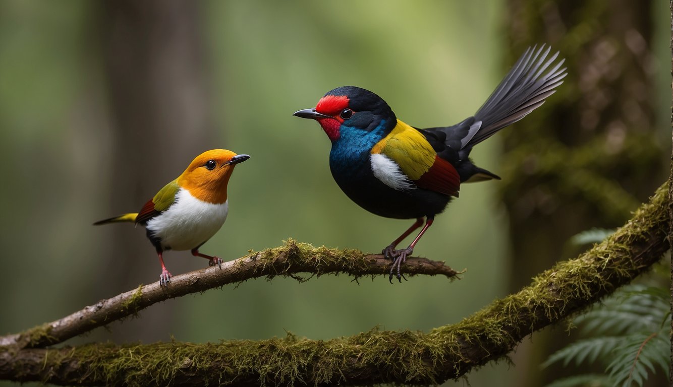 The male manakin bird leaps and twirls in a vibrant forest clearing, showcasing its colorful plumage to a female.

The female watches from a nearby branch, evaluating the male's intricate courtship display