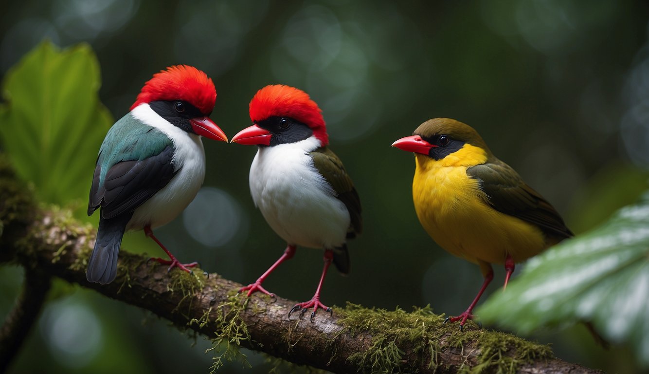 Manakin birds perform elaborate courtship displays in the rainforest, showcasing vibrant plumage and intricate dance moves to attract mates
