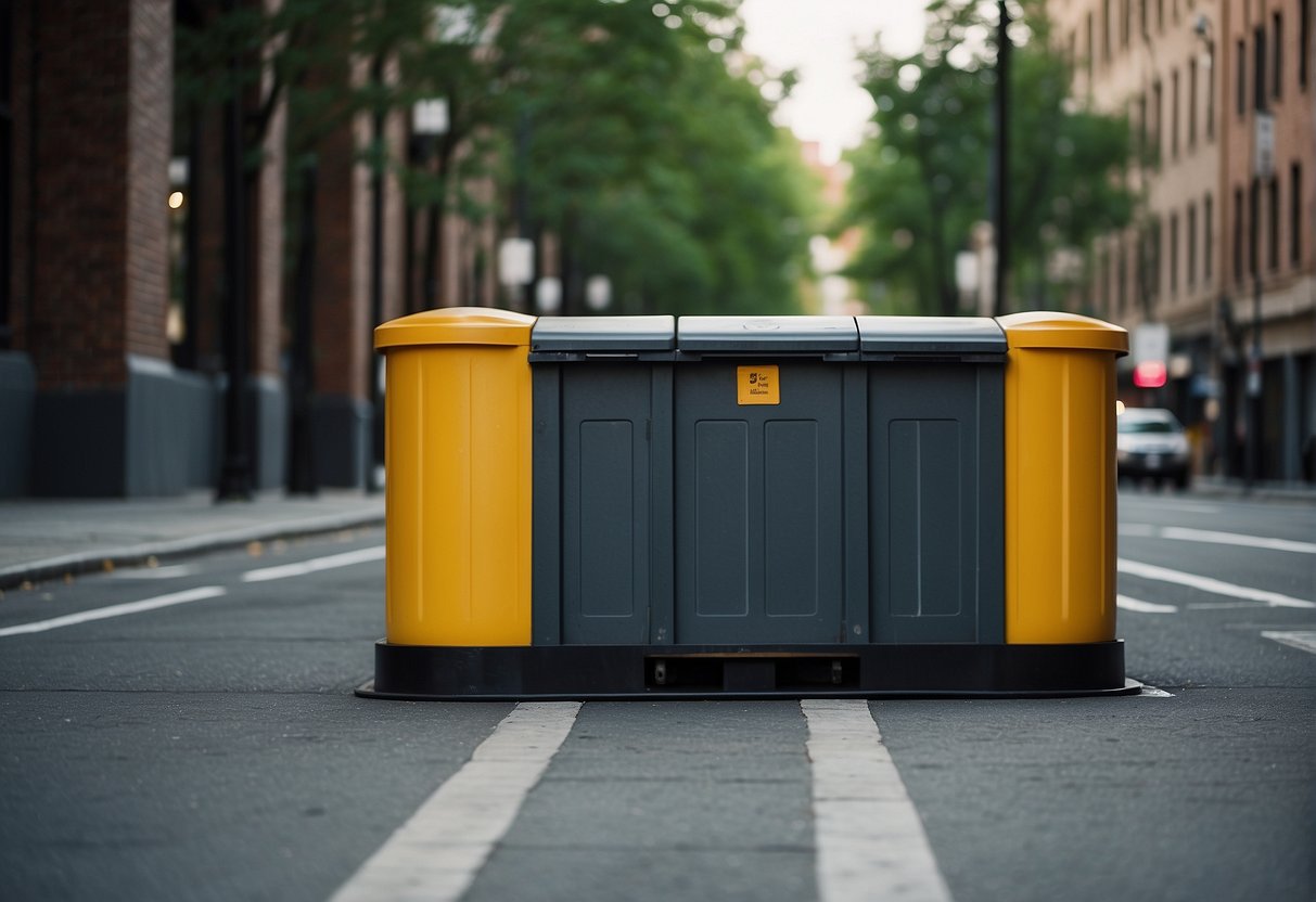 A paved, level surface with proper drainage and containment barriers for outdoor garbage receptacles