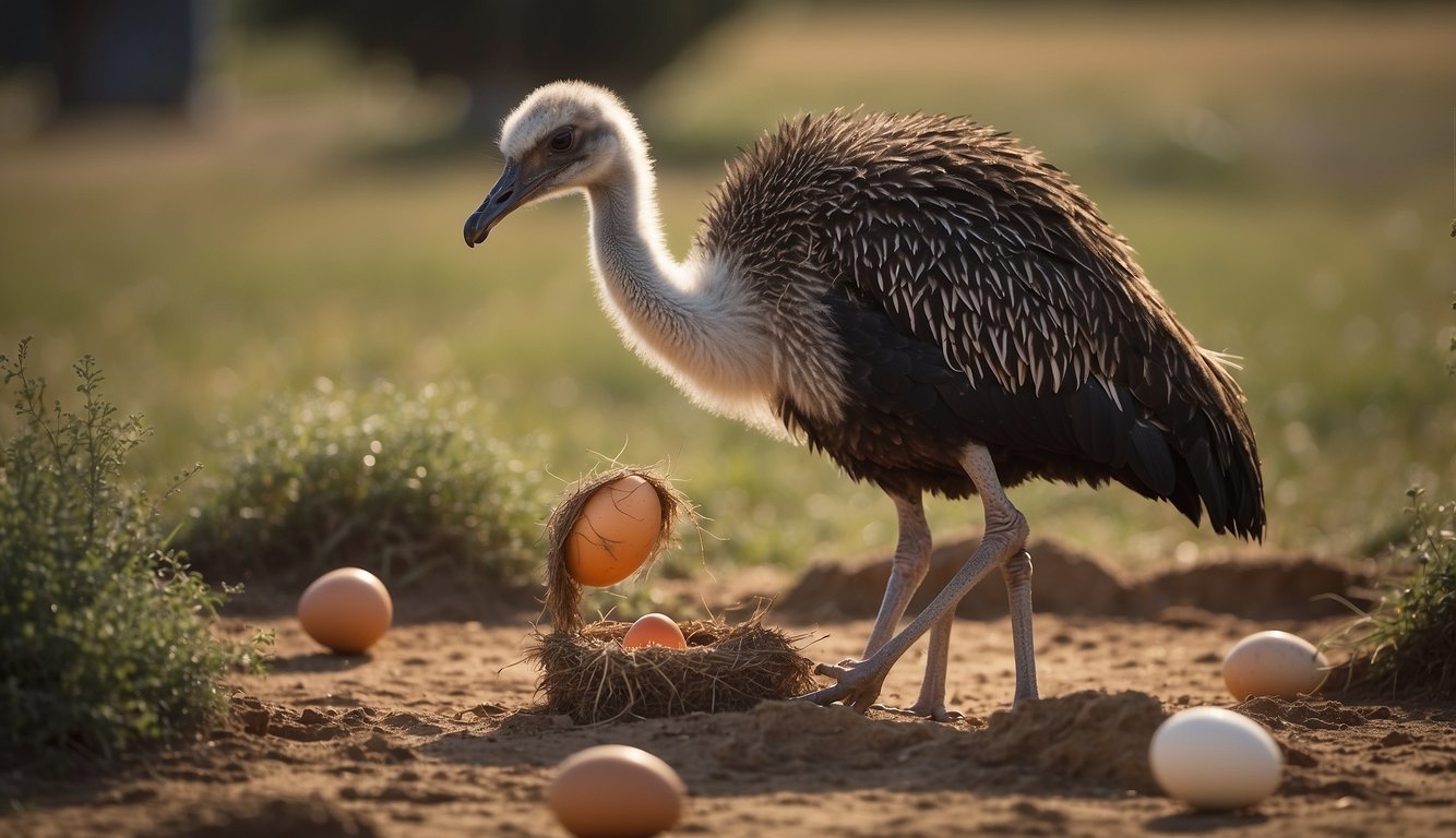 The ostrich carefully selects a nesting site.

It digs a shallow hole and lays a large, speckled egg. The process is repeated until a clutch of eggs is laid