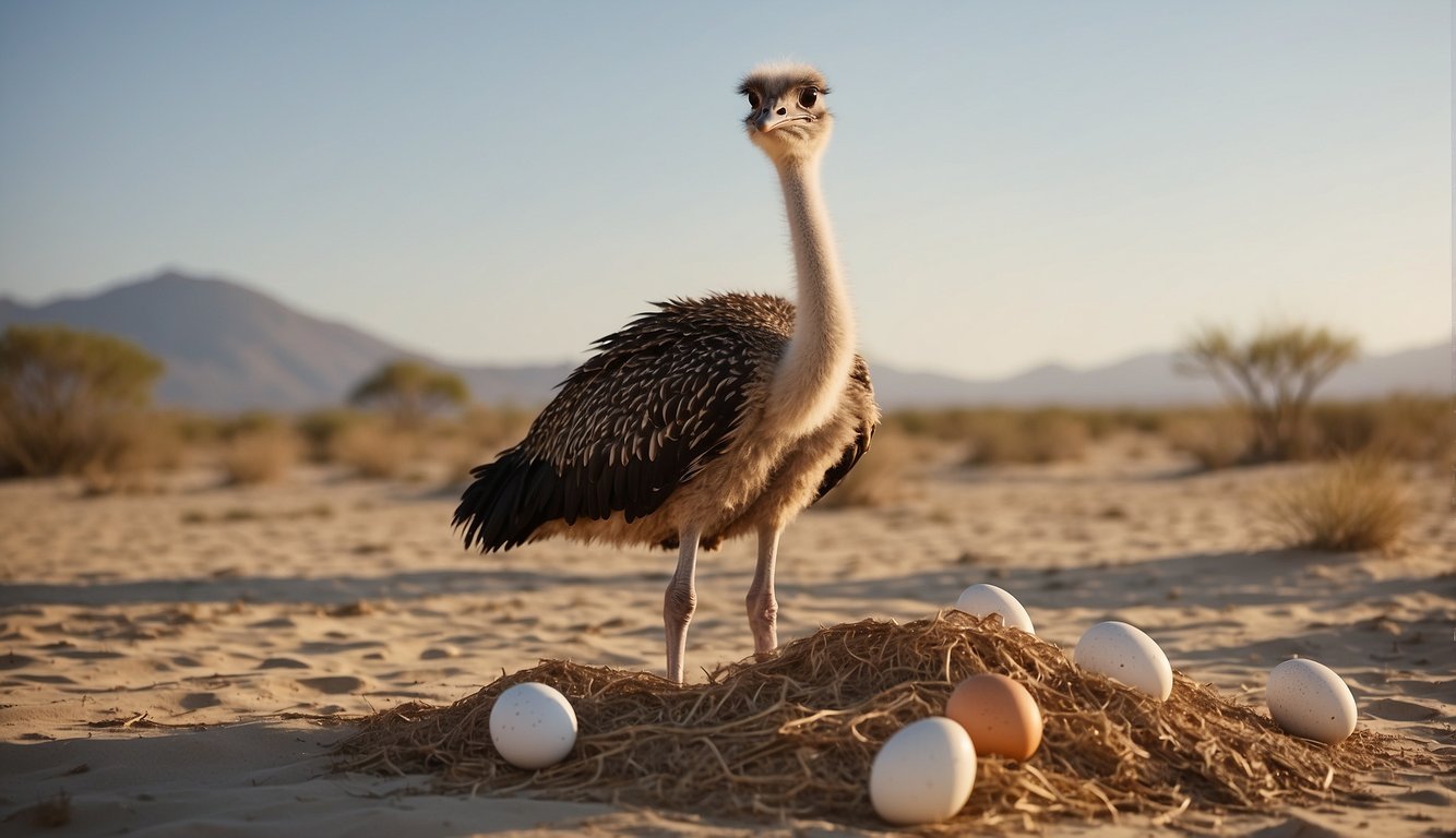 The female ostrich carefully selects a sandy nest site and begins to lay a large, speckled egg, a process that repeats until a clutch of up to 60 eggs is laid