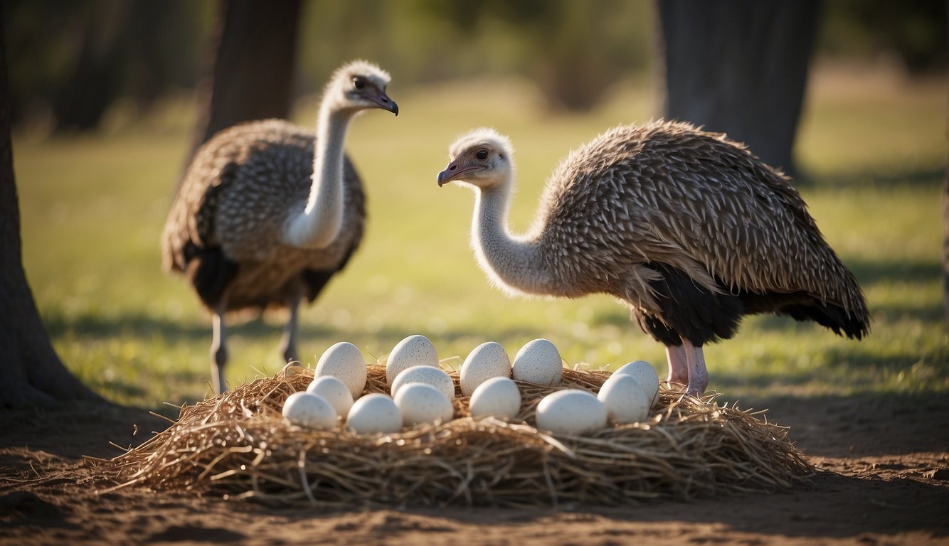 The female ostrich carefully lays her large, speckled eggs in a shallow nest, tucking them safely under her body for warmth and protection
