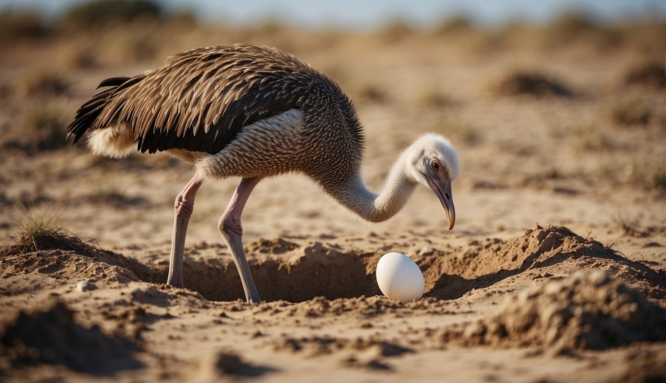 The ostrich carefully selects a nesting site and begins to dig a shallow hole in the ground.

It then lays a large, white egg, gently covering it with sand and carefully tending to its nest