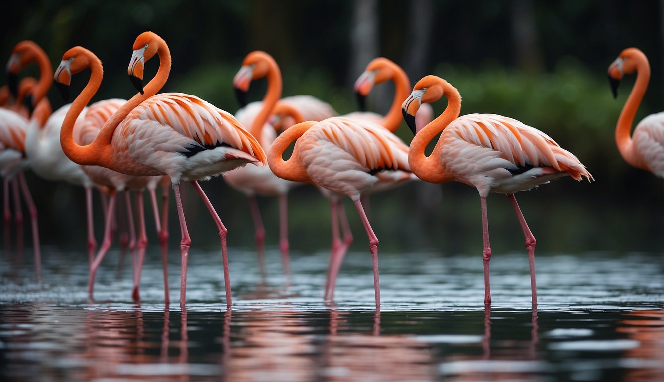 Flamingos stand in shallow water, their long legs gracefully moving in perfect synchronization as they perform their mysterious dance