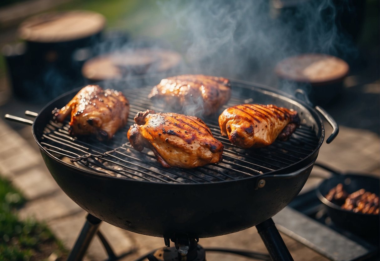 Barbecue chicken sizzling on a grill at the proper cooking temperature, smoke rising in the air