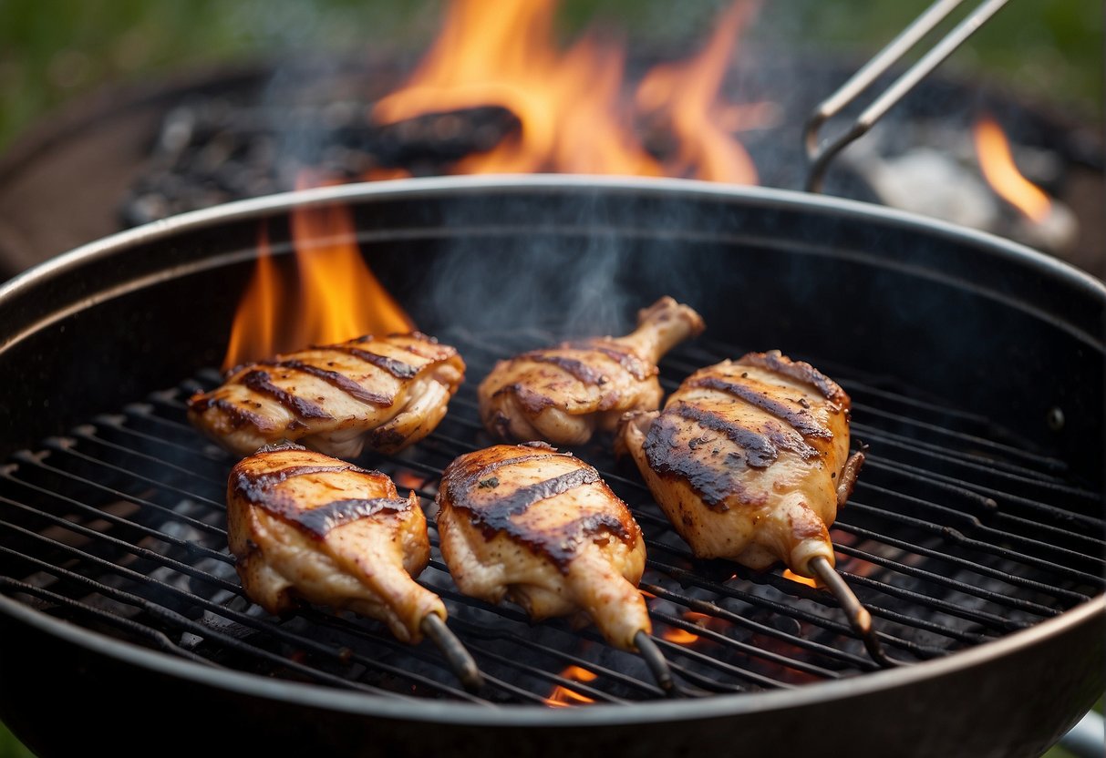 A barbecue grill with a thermometer reading 165°F, chicken pieces cooking over the flames, and a chef's apron and utensils nearby