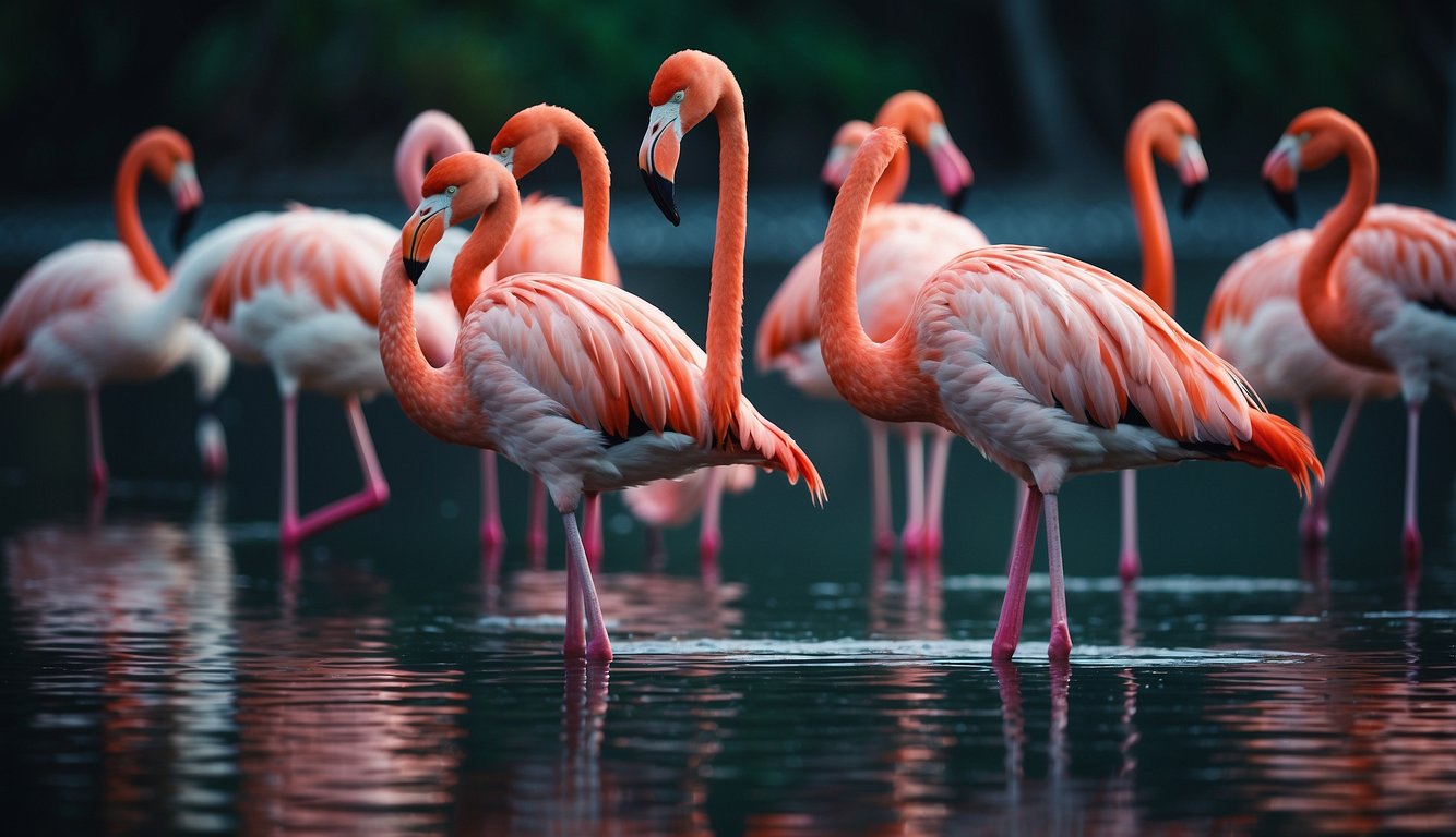 A group of flamingos gathers in a shallow lake, their vibrant pink feathers creating a striking contrast against the blue water.

They stand tall and elegant, their long necks gracefully curving as they engage in synchronized movements, creating a mesmerizing display of