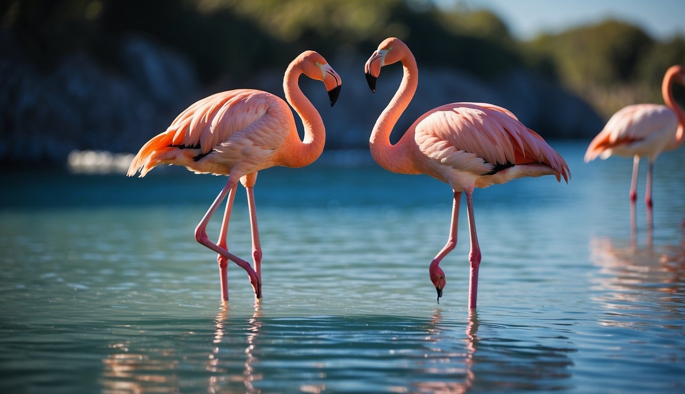 Flamingos gather in a shallow, vibrant blue lagoon, their long legs creating ripples in the water as they move in perfect unison, their pink feathers glowing in the sunlight